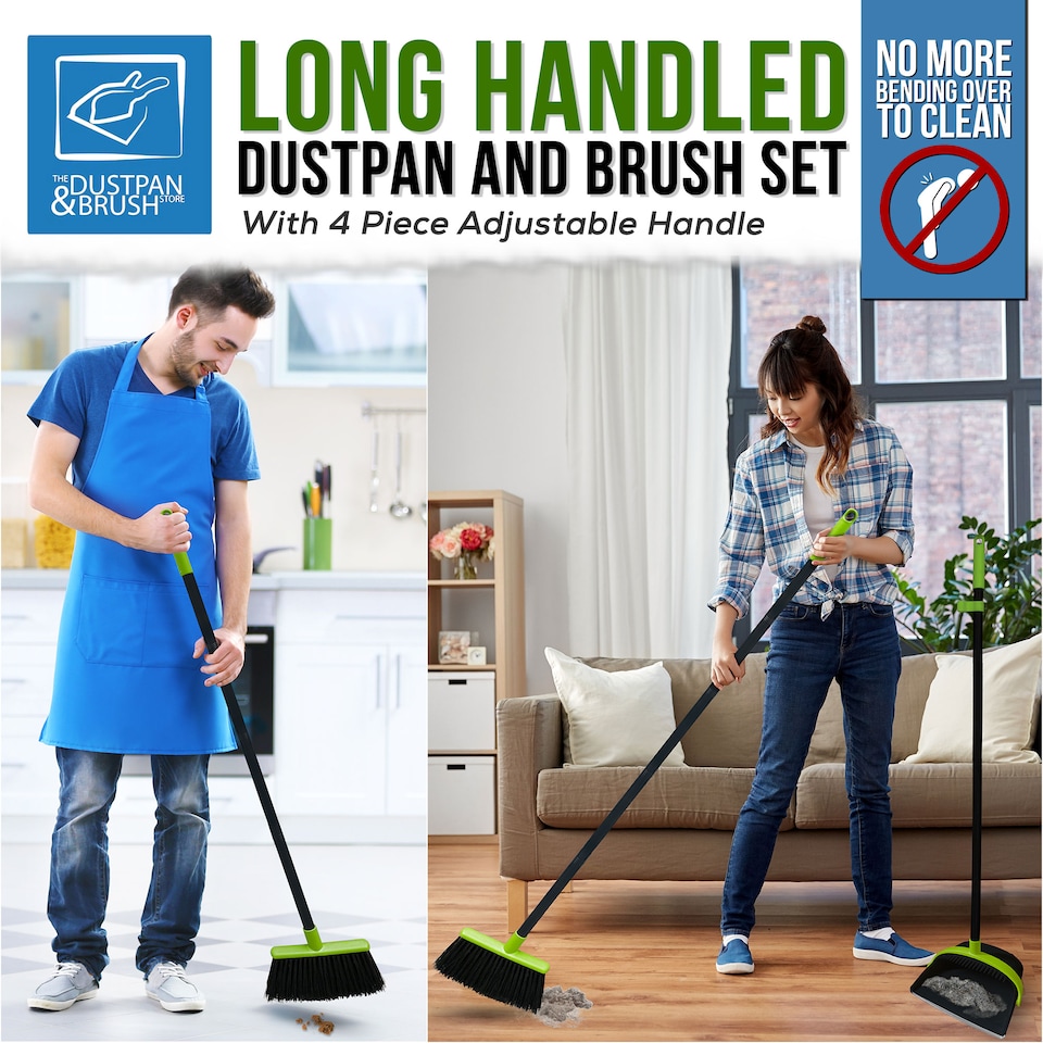 image 1 of Long Handled Dustpan and Brush Set Upright Sweeping Broom with Built-In Bristle Cleaner
