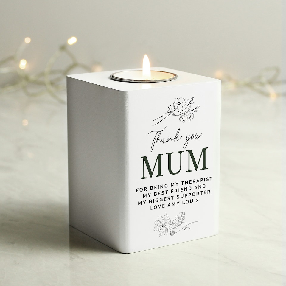 image 1 of Personalised Floral White Wooden Tea light Holder White