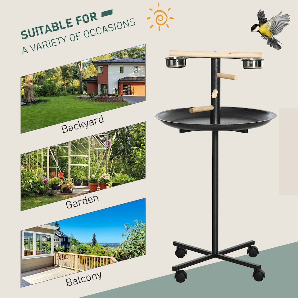 image 1 of PawHut Metal Bird Table Play Stand, Bird Feeder Station with Wheels Feeding Bowl