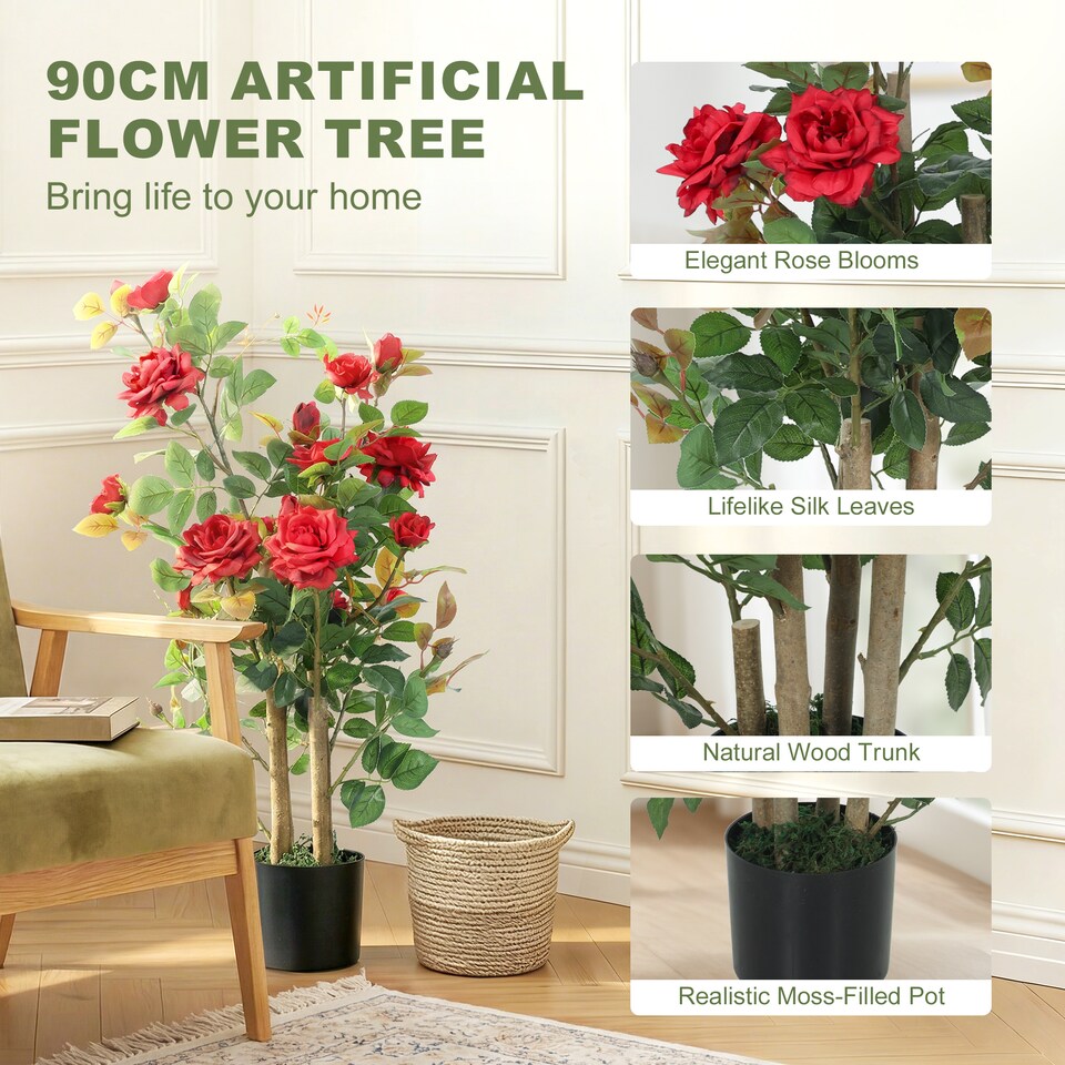 image 1 of HOMCOM Artificial Rose Tree Set of 2 with 344 Silk Leaves & 17 Flowers | Black | Red | One Size