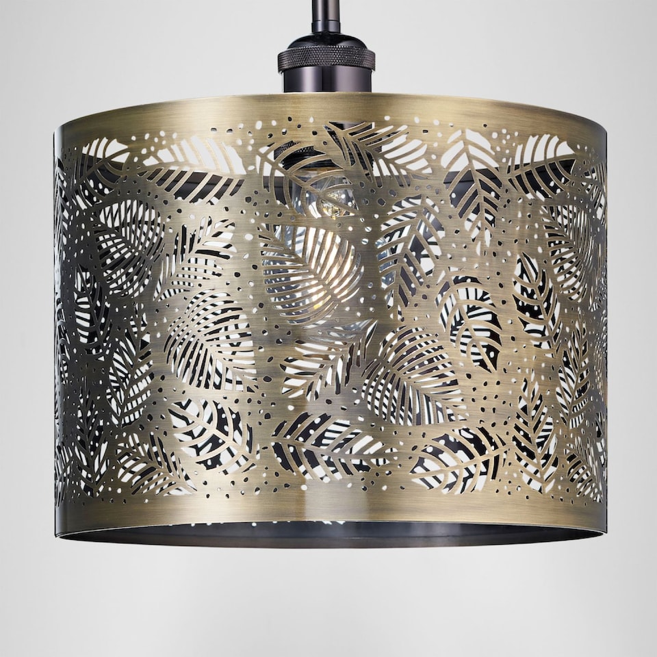 image 1 of Contemporary Antique Brass Metal Pendant Light Shade with Fern Leaf Decoration | Gold | Antique Brass | 1
