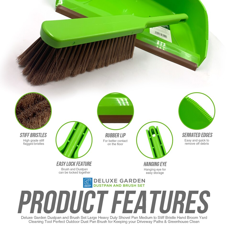 image 1 of Deluxe Garden Dustpan and Brush Set Large Outdoor Dustpan with Stiff Bristle Brush