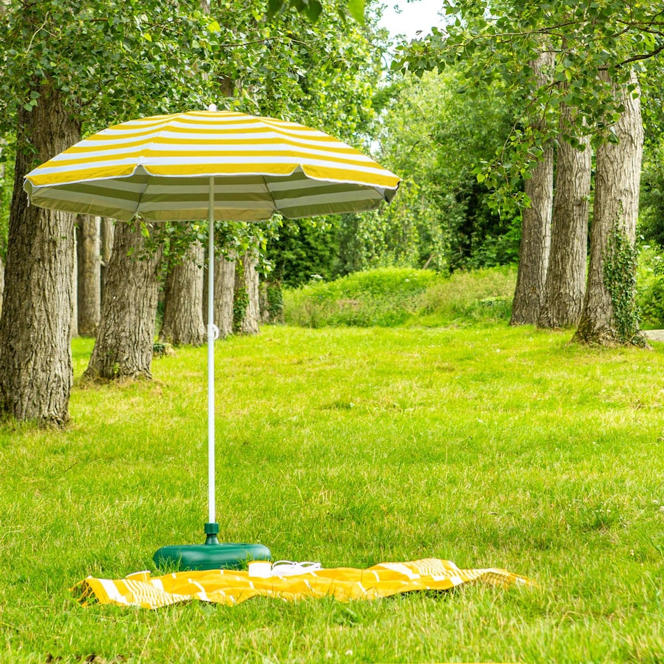 image 1 of Harbour Housewares Metal Beach Parasol with Green Base - 1.8m  - Yellow Stripe
