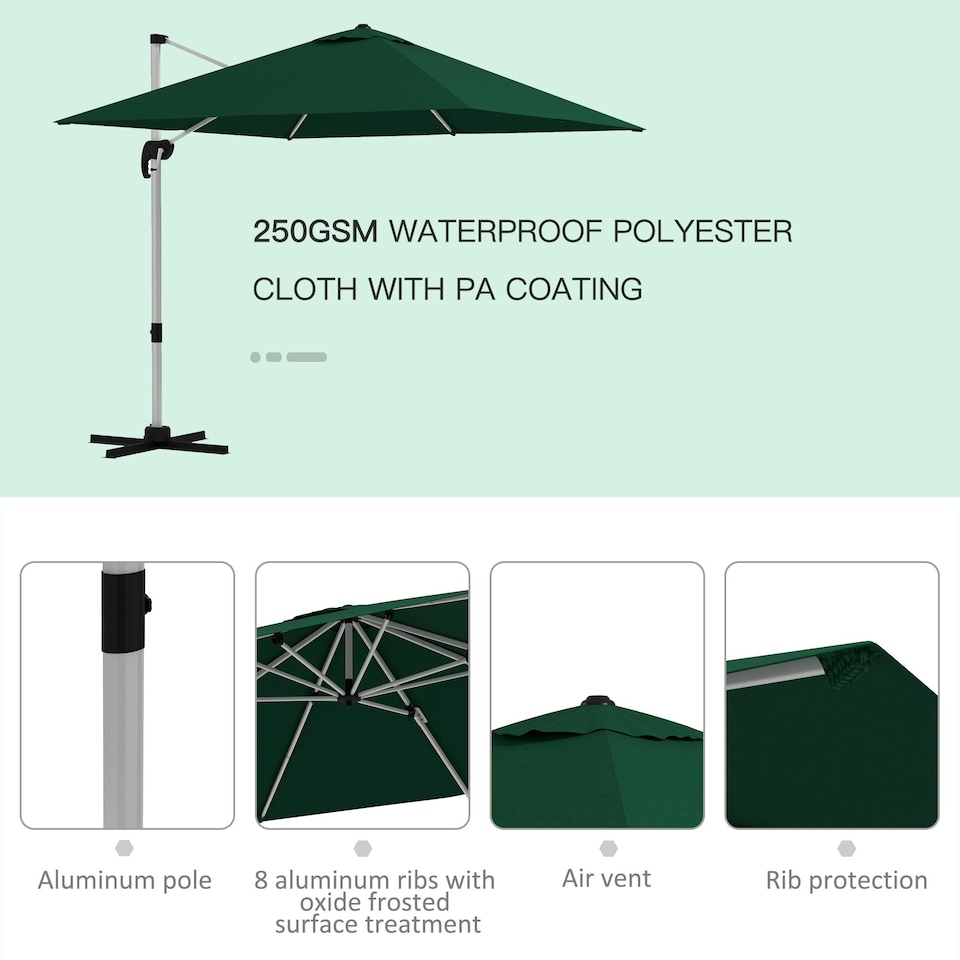 image 1 of Outsunny 3 x 3(m) Cantilever Roma Parasol Garden Umbrella with Cross Base Green