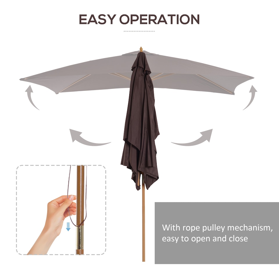 image 1 of Outsunny 2 x 3m Wooden Garden Parasol Umbrella Outdoor Sun Shade Canopy, Table Market Umbrella with Vent, 38 mm Pole, Rope Pulley Mechanism, Dark Coffee