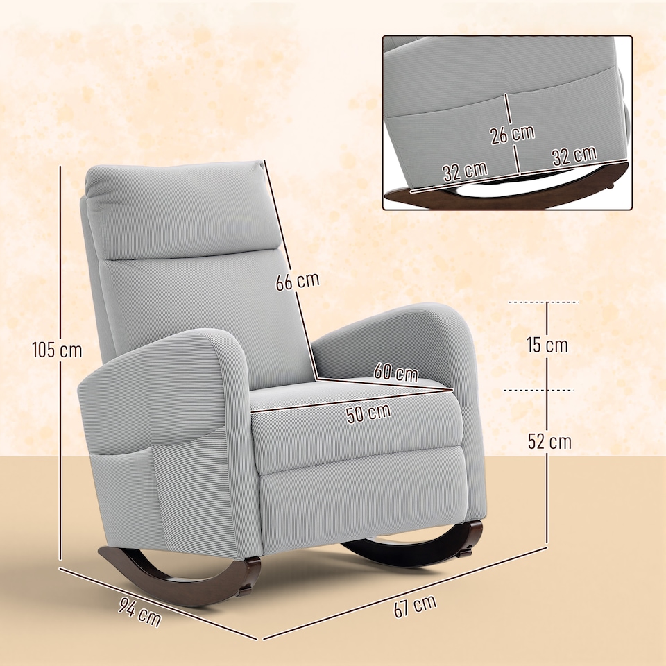 image 1 of HOMCOM Rocking Chair, Corduroy Fabric Upholstered Accent Armchair with Side Pockets & Solid Wood Legs, Modern High Back Leisure Rocker Lounge Chair for Nursery, Living Room, Bedroom, Grey | Grey