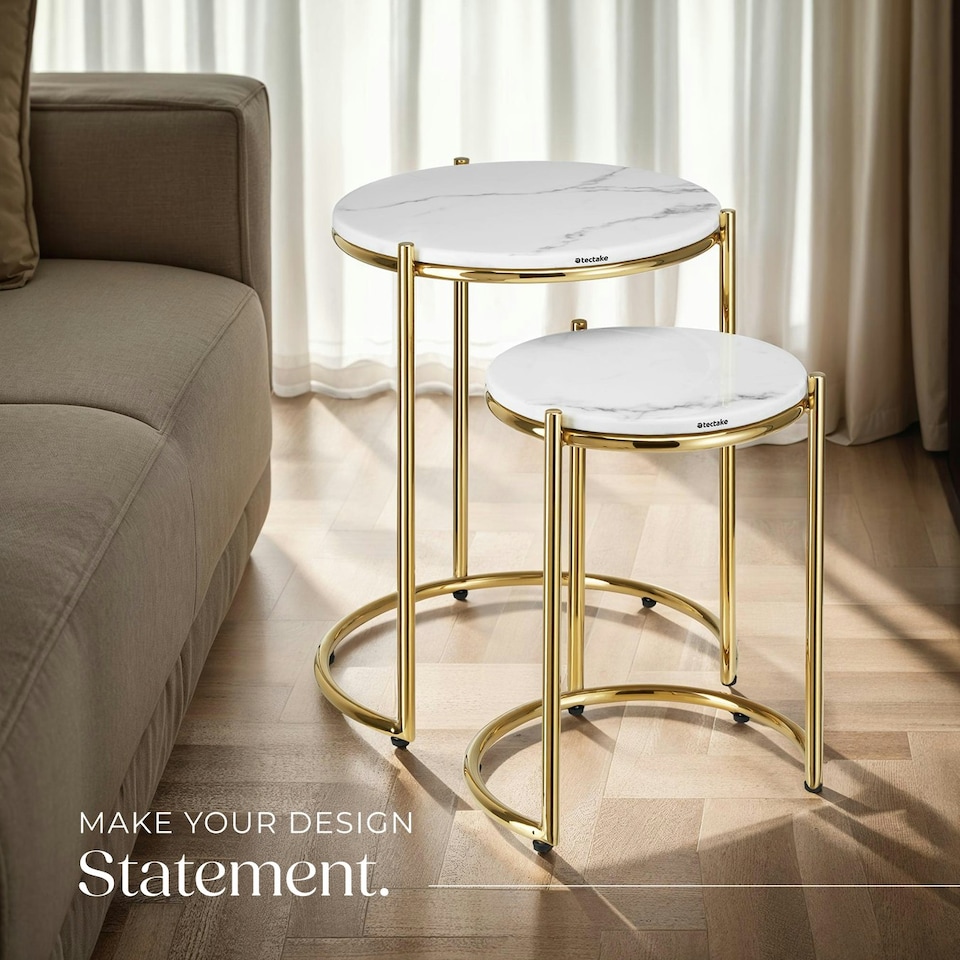 image 1 of Side Table Ellsa - marble top, steel frame, elegant design - Set of 2 | White | Gold