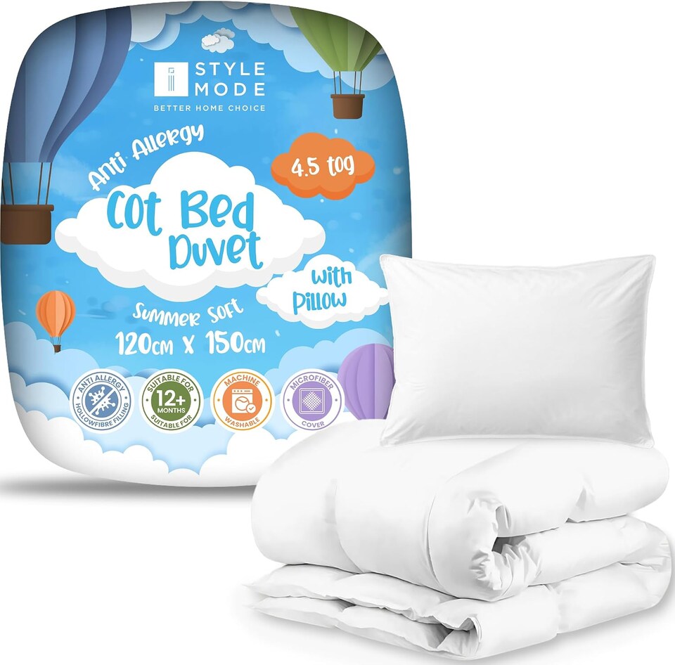image 1 of Cot Bed Duvet and Pillow 4.5 Tog 120cm x 150cm I Lightweight Soft Snug Quilt for Kids I Toddlers I Hypoallergenic I Anti Allergy I Machine Washable