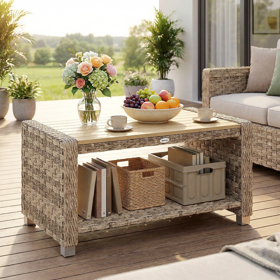 image 1 of Outsunny Outdoor Side Table with Storage Shelf 90 cm | Brown | Brown | 90 x 50 x 45 cm