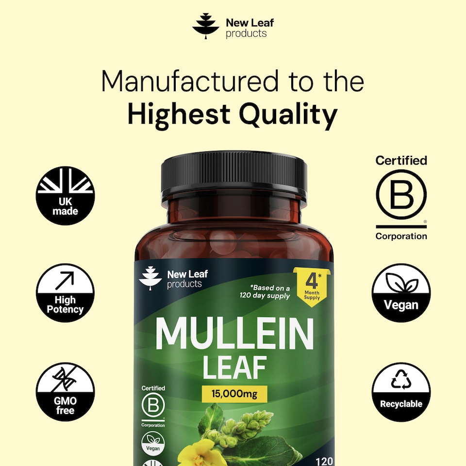 image 1 of Mullein Leaf Capsules - High Strength 15,000mg Per Serving, 120 Capsules