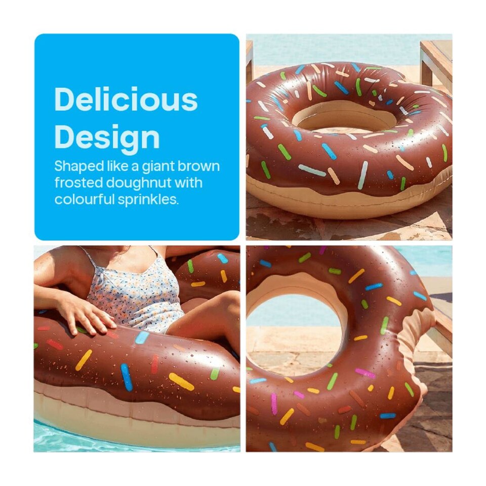 image 1 of Inflatable Brown Doughnut - 42 inches/107cm Donut with Brown Icing Design - Adults Kids Boys Girls Fun Summer Activity Pool Party Beach Day Swimming Toy Float