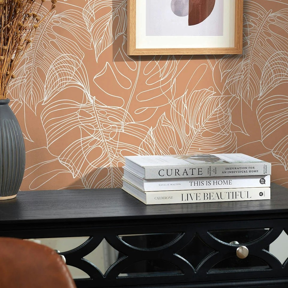 image 1 of Monstera Leaf Wallpaper in Terracotta Multi