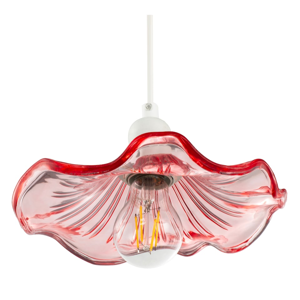 image 1 of Designer Ribbed Rose Pink Glass Pendant Shade with Wavy Ruffled Edge