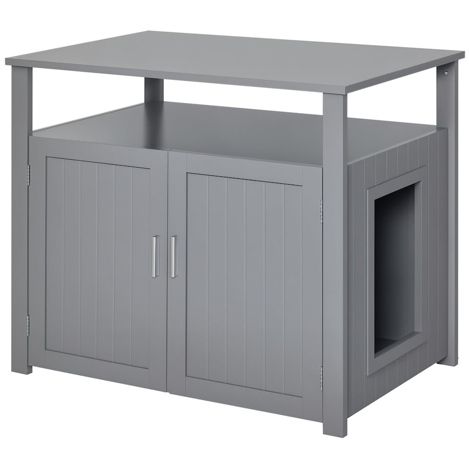 image 1 of PawHut Wood Cat Litter Box Enclosure Furniture w/ Adjustable Interior Wall Grey