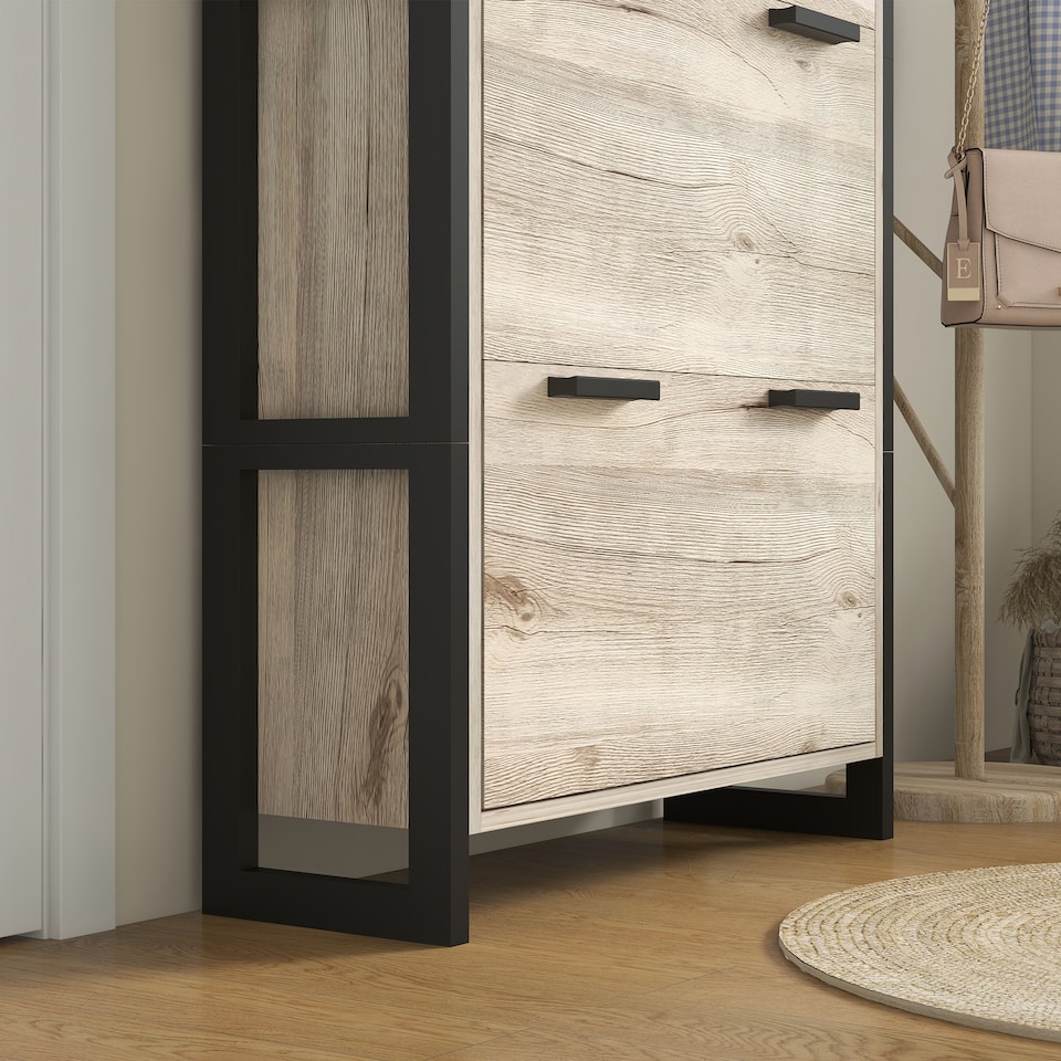 image 1 of HOMCOM 3 Drawers Narrow Shoe Cabinet, 18 Pairs Shoe Storage Cupboard with 3 Flip Doors and Adjustable Shelves for Entryway, Hallway, Natural Wood-effect