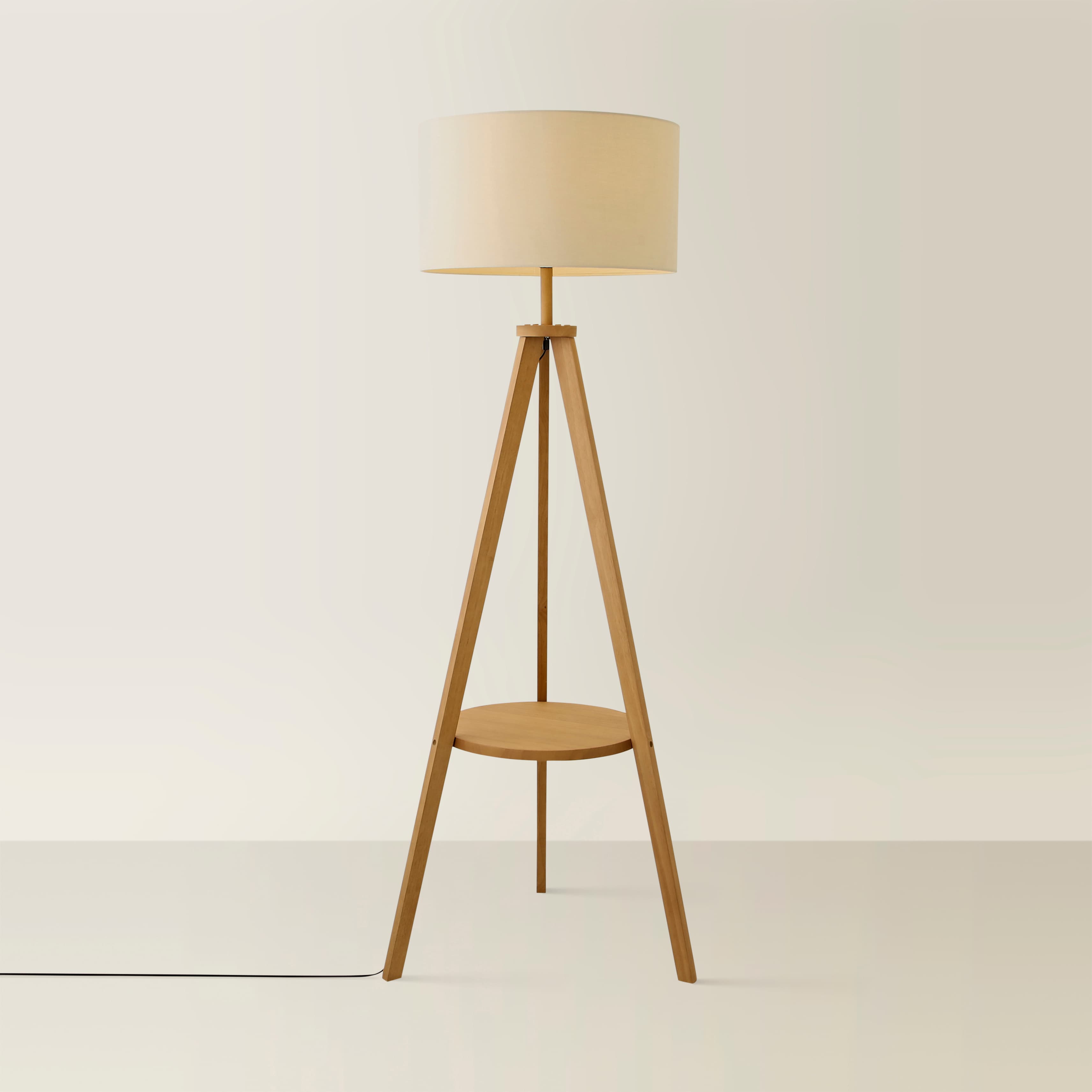 ValueLights Morrigan Mid Wood Shelf Floor Lamp Cream Shade - Tesco