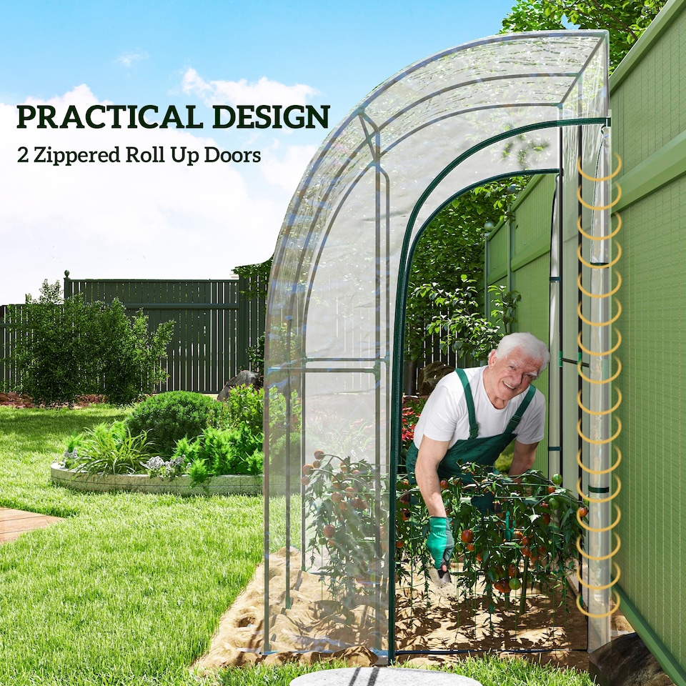image 1 of Outsunny 143x118x212cm Walk-In Lean to Wall Tunnel Plastic Greenhouse with Doors