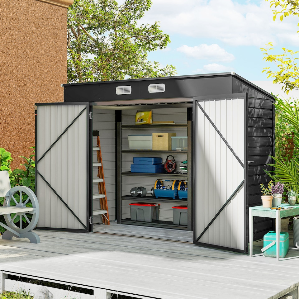 image 1 of Outsunny 8 x 4FT Garden Shed, Galvanised Metal Shed, Easy to Assemble, Outdoor Tool Storage Shed with Pent Roof, Lockable Door and 2 Vents, Grey
