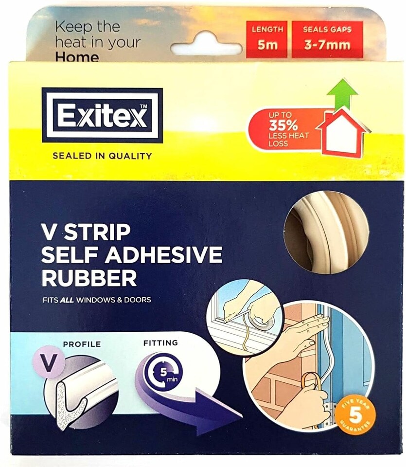 image 1 of Exitex Self Adhesive V Strip Seal 5m Draught Proofing Rubber (White) | White | White