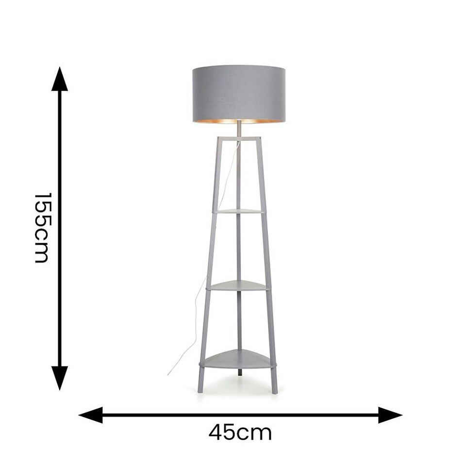 image 1 of ValueLights Hiru Grey 3 Tier Shelf Floor Lamp Grey Copper Shade Grey