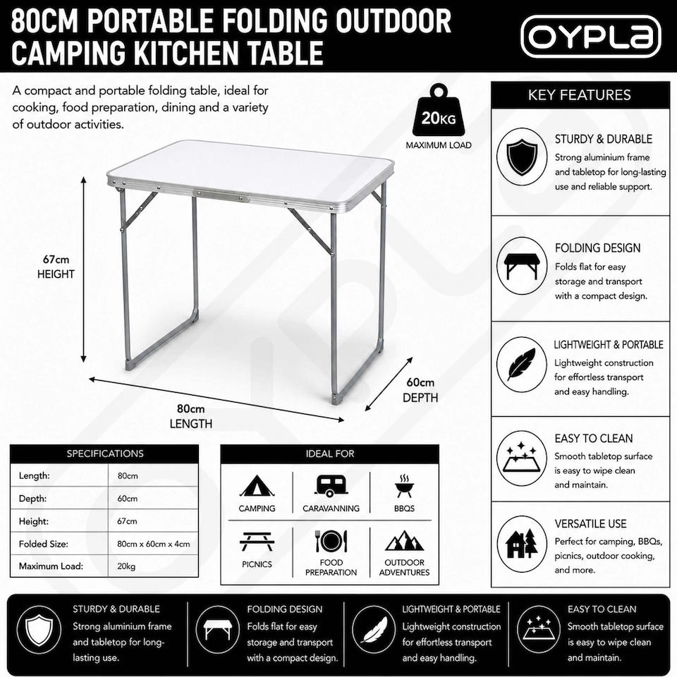 image 1 of 80cm Portable Folding Outdoor Camping Kitchen Work Top Table | White