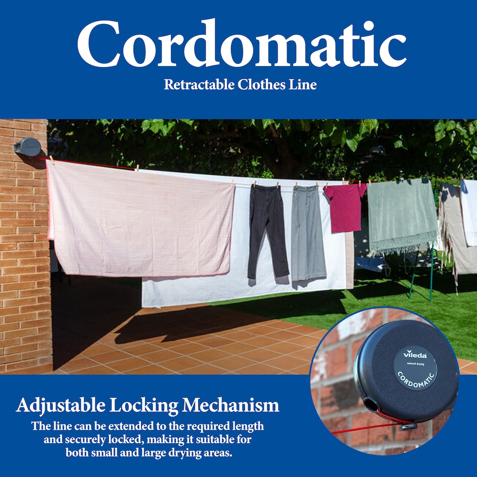 image 1 of Vileda Cordomatic Retractable Clothes Line Indoor Outdoor Washing Line 15m