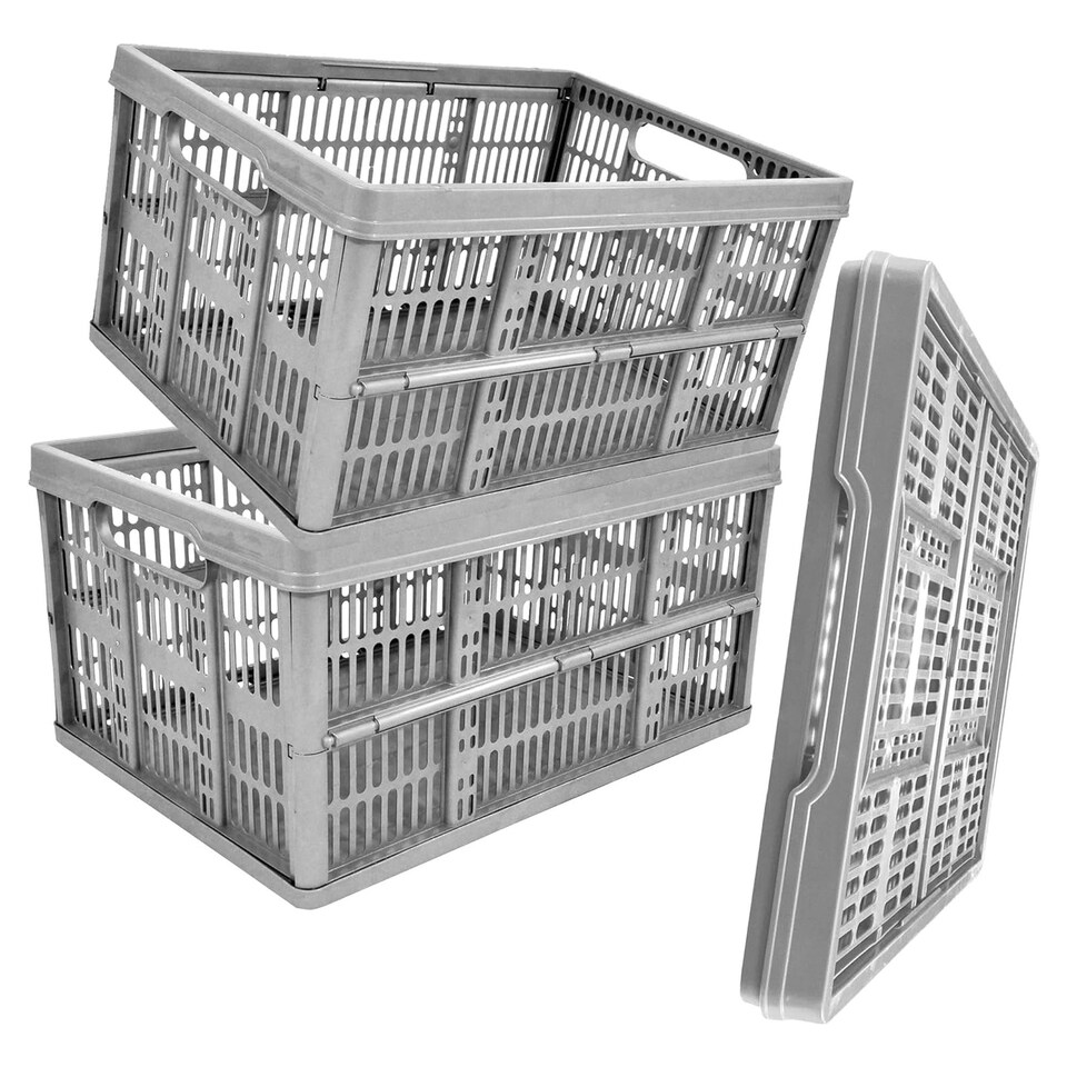 image 1 of 3 x Grey 32L Plastic Folding Crate Boxes With Handles Collapsible, Foldable & Stackable Grey