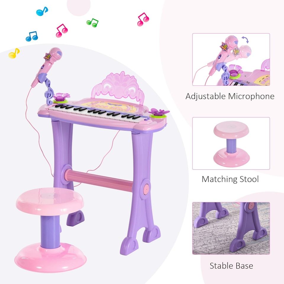 image 1 of HOMCOM Mini Battery Organ Piano Microphone Stool 32 Key Keyboard Kids Toy