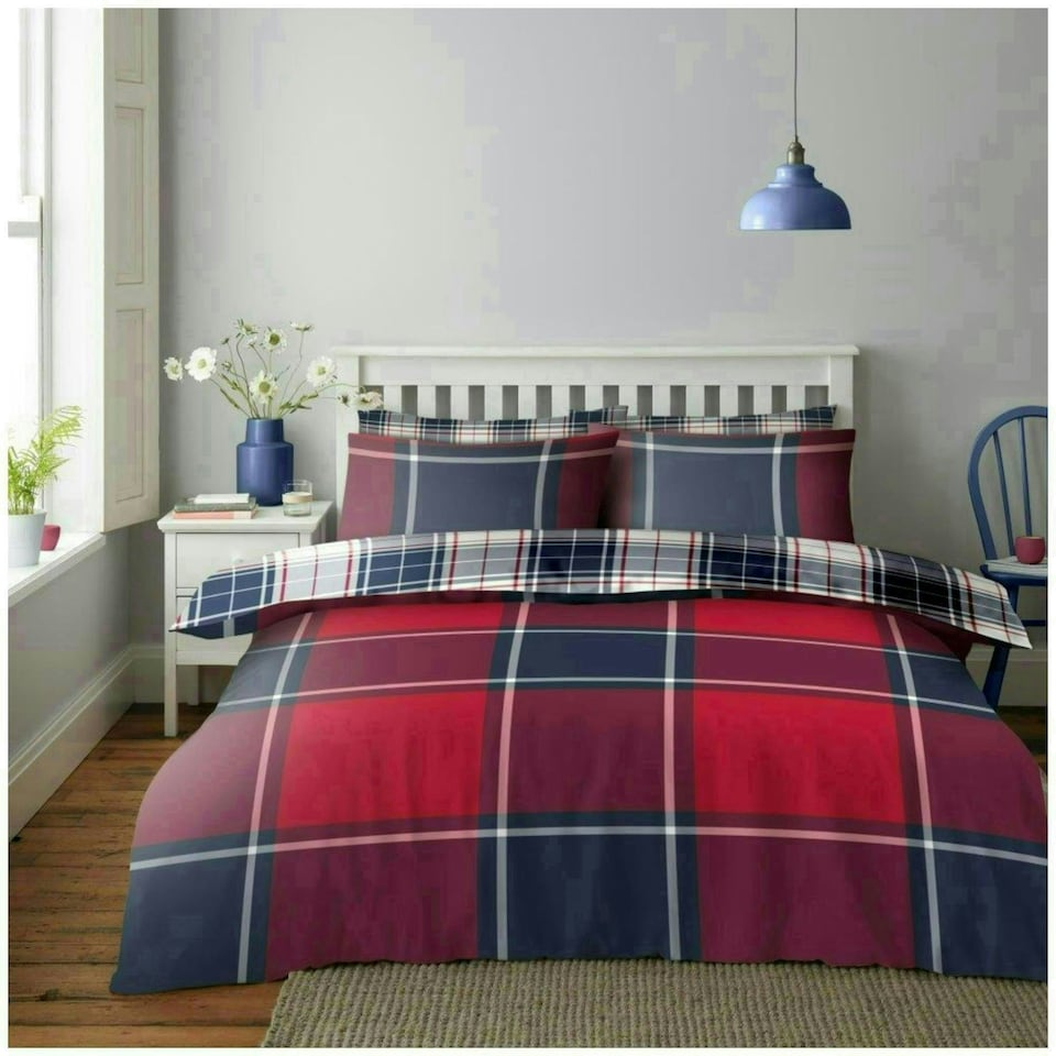 image 1 of VELVETIO Wimborne Check Duvet Cover Set Reversible Polycotton Easy Care Beddings Grey | Double