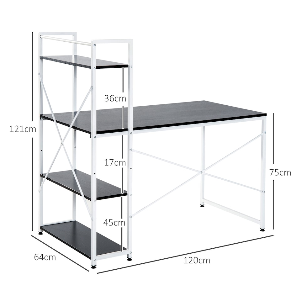 image 1 of HOMCOM Computer Desk Laptop Table w/4-tier Bookshelf Metal Frame Black, White