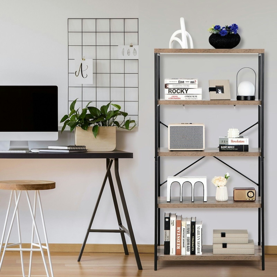 image 1 of COSTWAY 5-Tier Bookshelf Wood Bookcase Display Rack Grey Grey