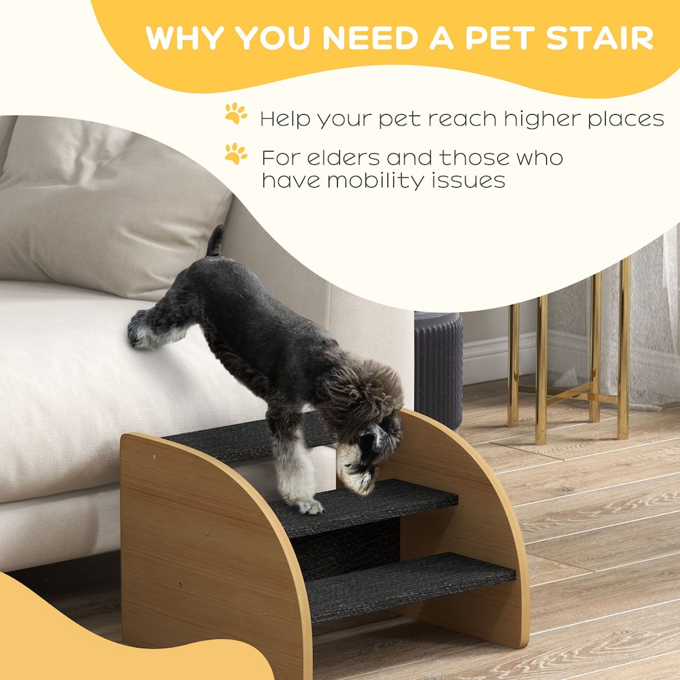 image 1 of PawHut Dog Steps for Sofa and Bed, 3-Step Dog Stairs, Pet Stairs, Oak Finish