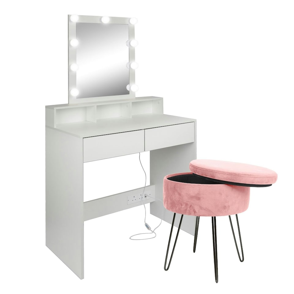 image 1 of Harbour Housewares Wooden Dressing Table Set with LED Lights & Pink Stool - White Pink