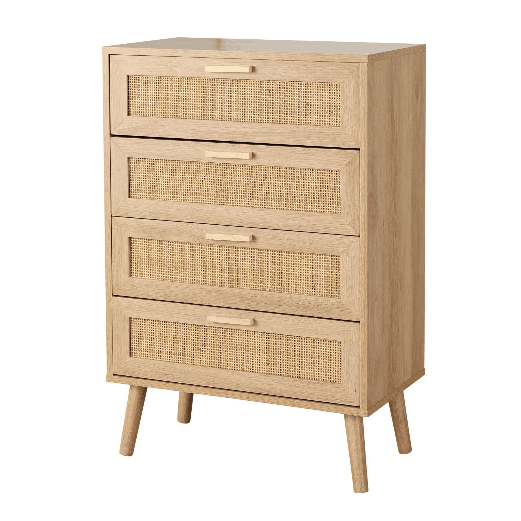 Chest 4 Drawers with Rattan Fronts Solid Wooden Legs | Brown