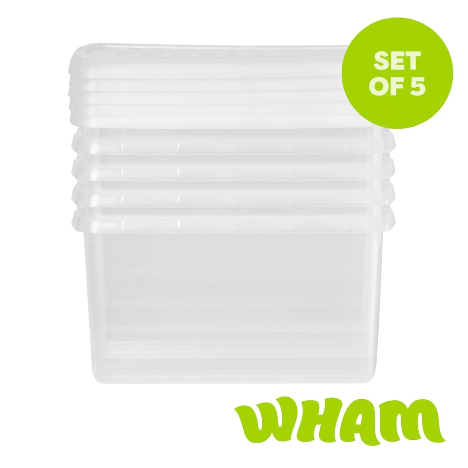 image 1 of Wham Clip 5x 14L Rectangular Plastic Storage Boxes with Clip Lock Lids. Ideal for Home, Office, Toys & More - Clear/Clear | Clear | 5