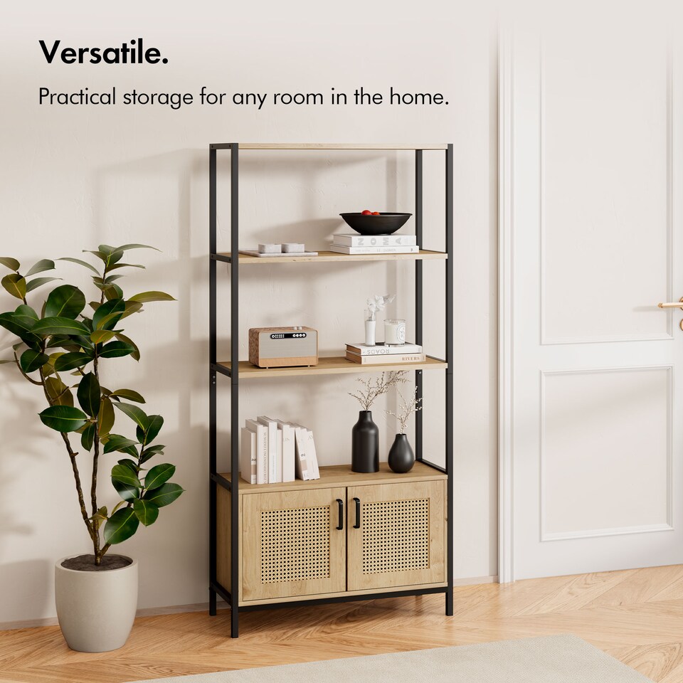 image 1 of Vonhaus Lena Rattan Effect Bookcase with 3 Open Shelves for Living Room | Brown
