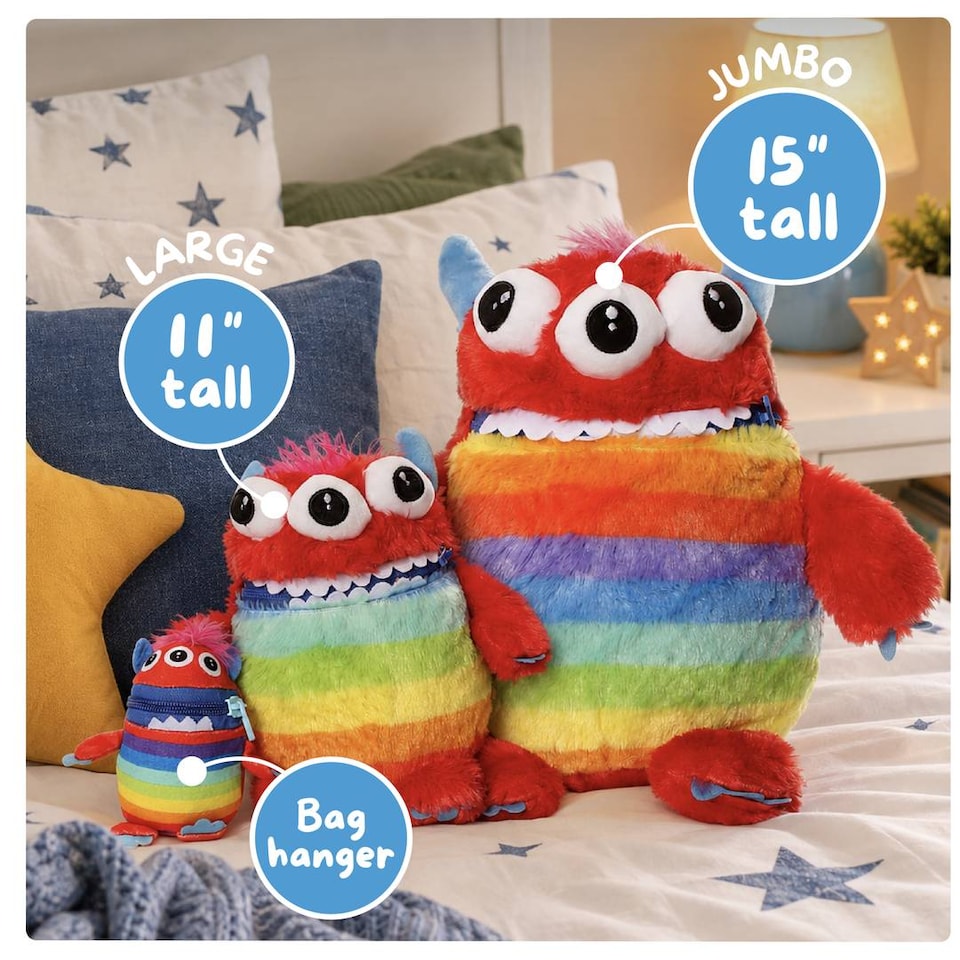 image 1 of Kids Worry Yummy Monster Cuddly Plush Toy Gift Set of 3 - Jumbo, Large and Clip-On Sizes Included