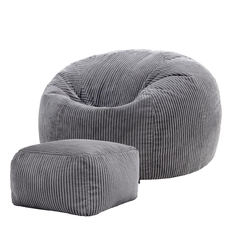 image 1 of Kingston Cord Adults Bean Bag Chair and Pouffe, Ready Filled Beanbag and Footstool Charcoal Grey | Grey | Charcoal Grey | 2