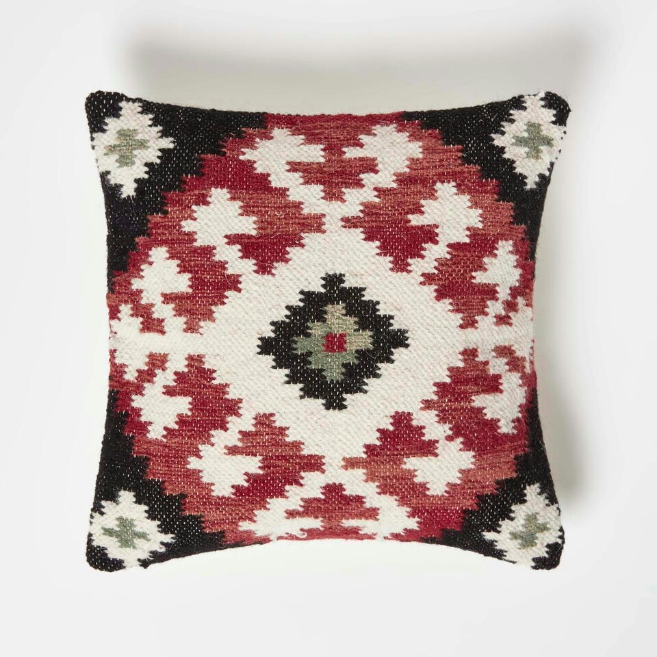 image 1 of Homescapes Tawa Handwoven Traditional Red & Black Kilim Cushion - 45 x 45 cm Red