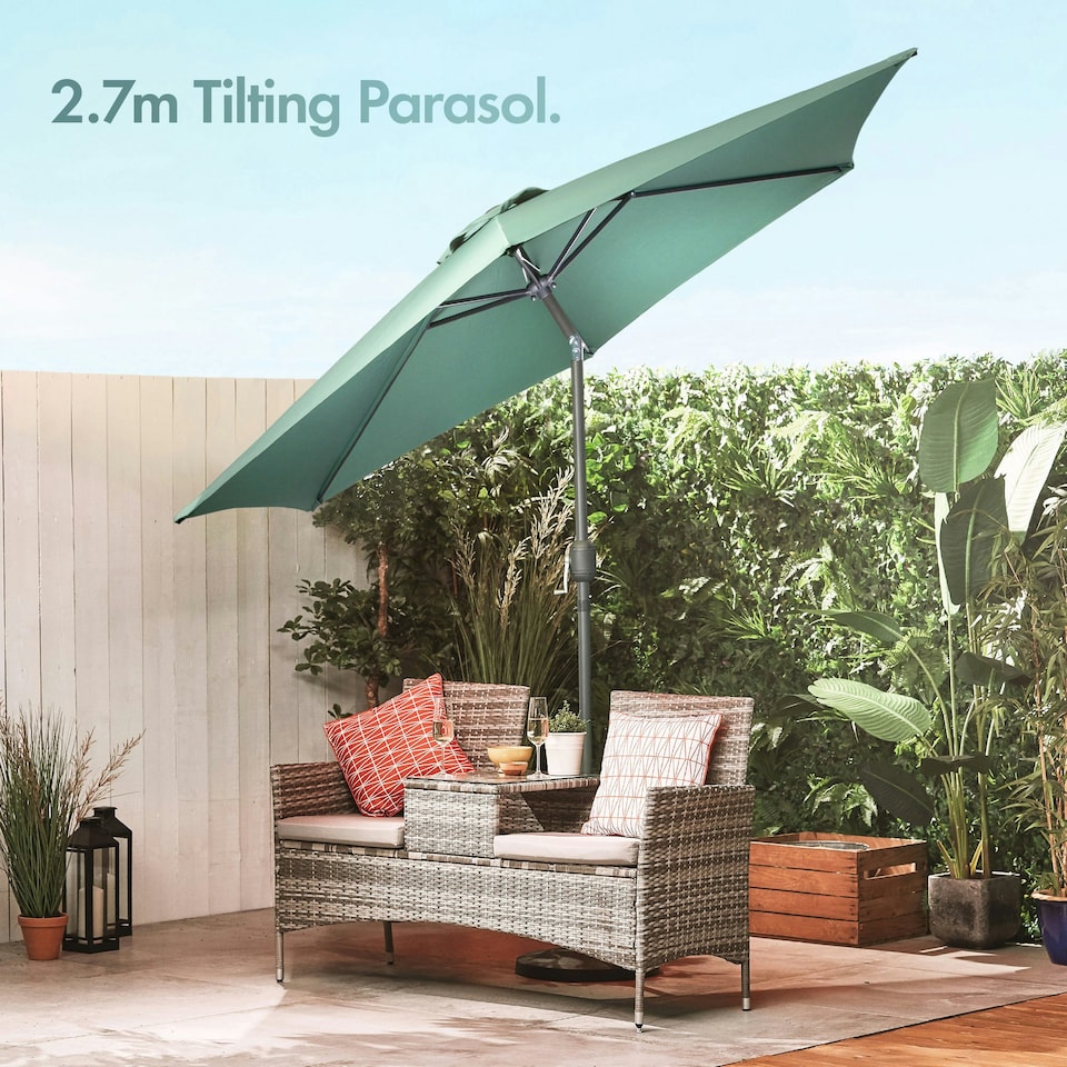 image 1 of VonHaus Steel Parasol Dark Green 2.7m & Base Set (12kg) Green | Black