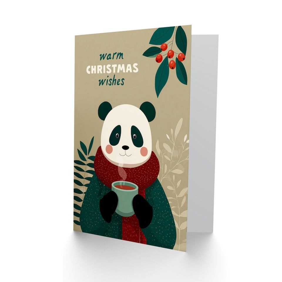 image 1 of Christmas Card Cute Happy Panda With Hot Chocolate Cup