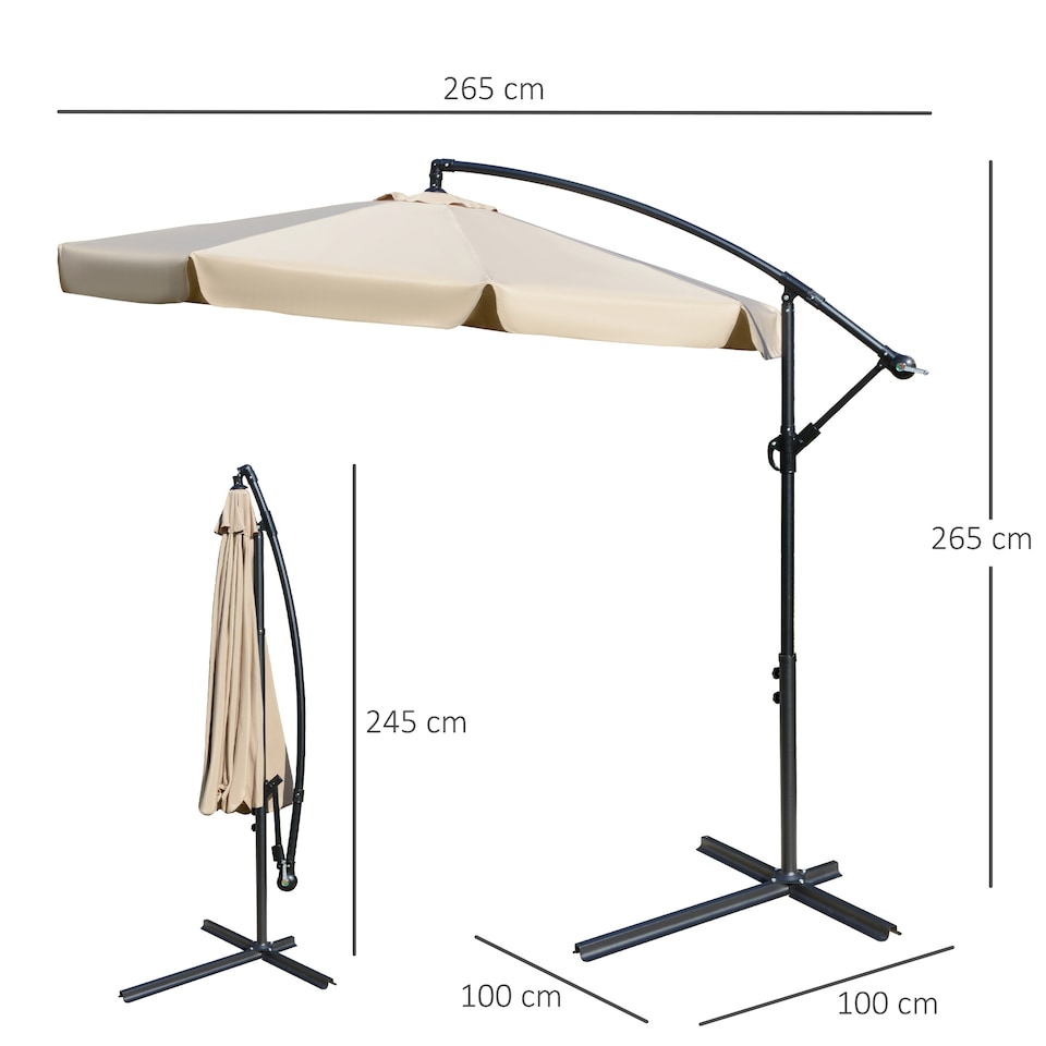 image 1 of Outsunny 2.7m Garden Banana Parasol Cantilever Umbrella with Crank Handle and Cross Base for Outdoor, Hanging Sun Shade, Light Brown