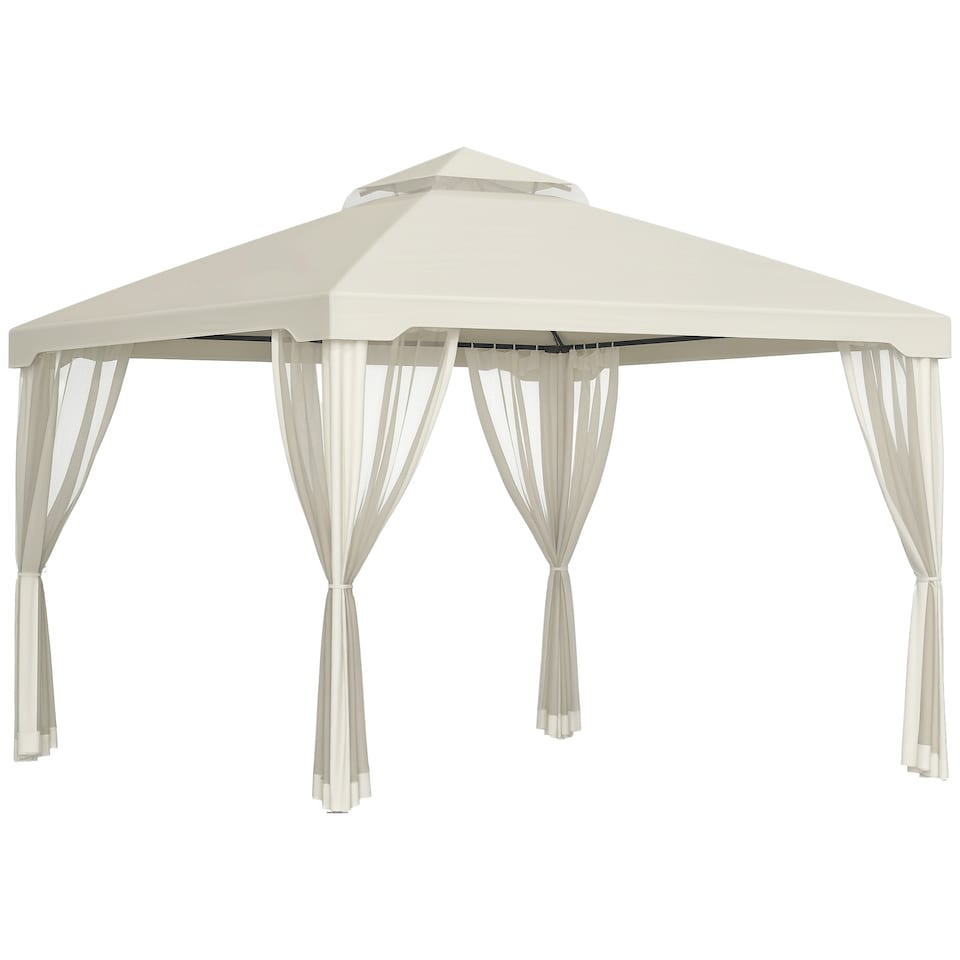 image 1 of Outsunny 3 x 3 m Metal Gazebo Garden Pavillion Double Roof Outdoor Canopy Shelter with Mesh Sidewalls Cream White