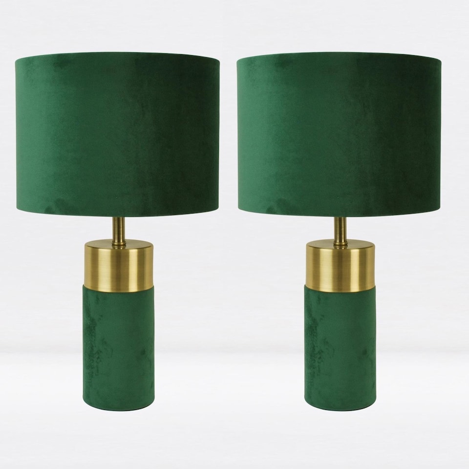 image 1 of Set of 2 Green Velour Velvet Table Lamps | Green | Bronze | Large | 2