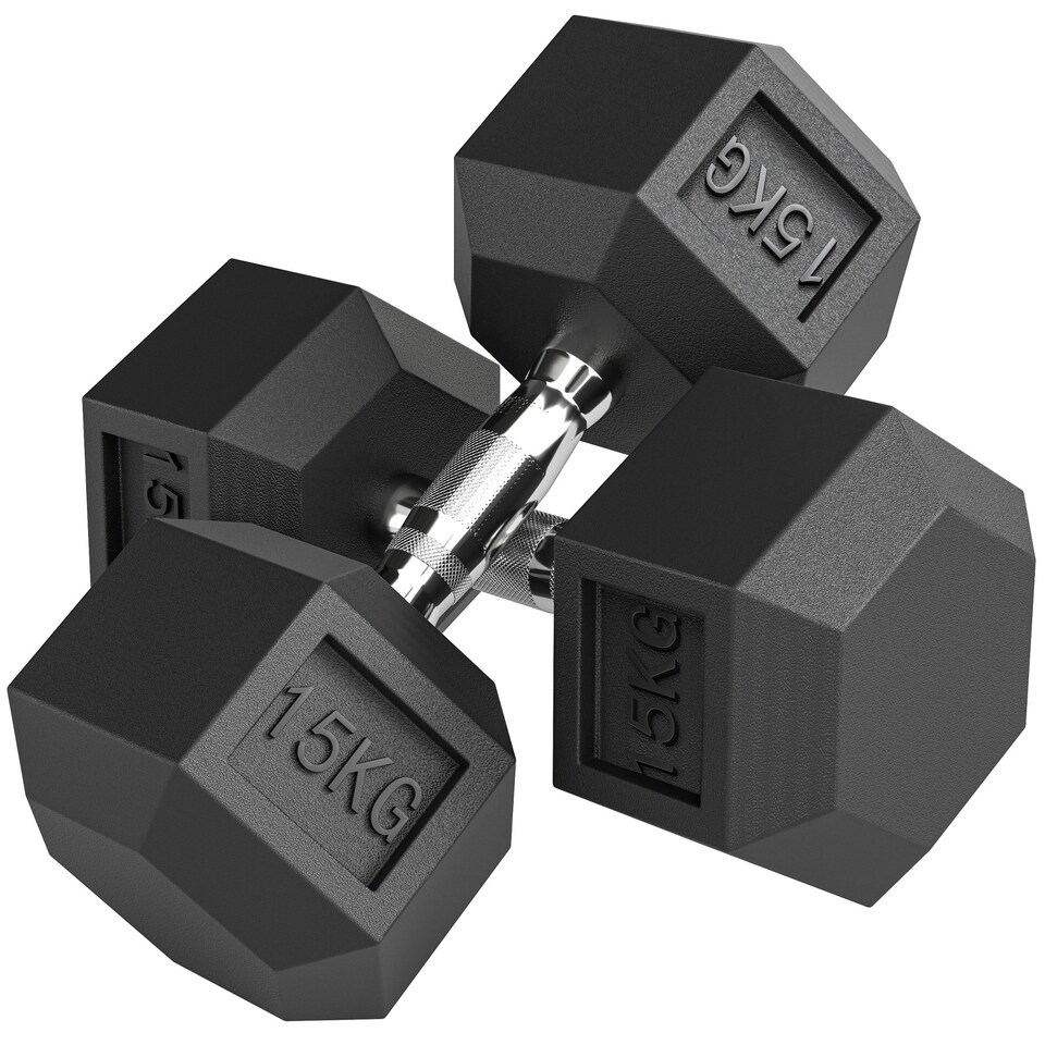 image 1 of HOMCOM 2x15KG Rubber Hex Dumbbell Portable Hand Weights for Home Gym