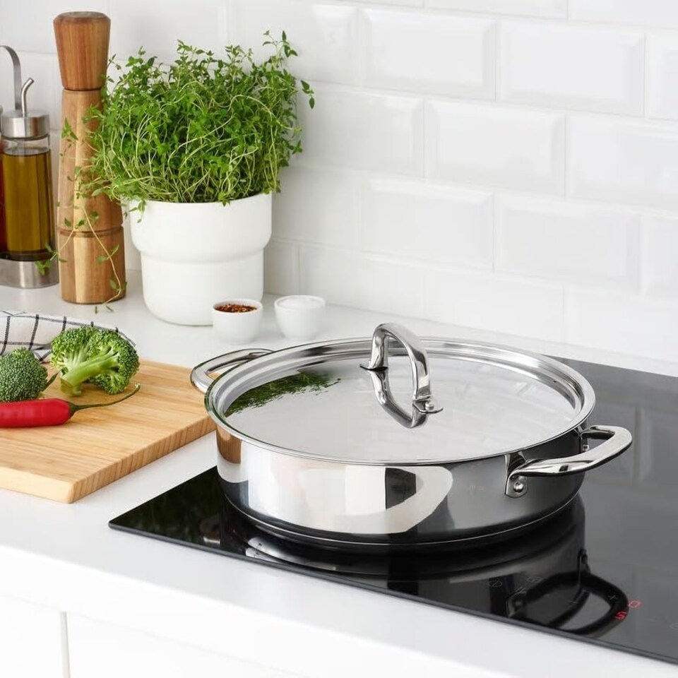 image 1 of Triply Stainless Steel Saute Pan 24cm, Nonstick 3-Layer Construction, Induction Compatible, with Steel Lid