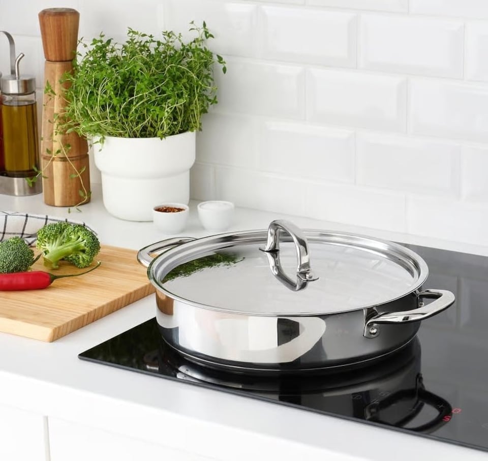 image 1 of Triply Stainless Steel Saute Pan 24cm, Nonstick 3-Layer Construction, Induction Compatible, with Steel Lid