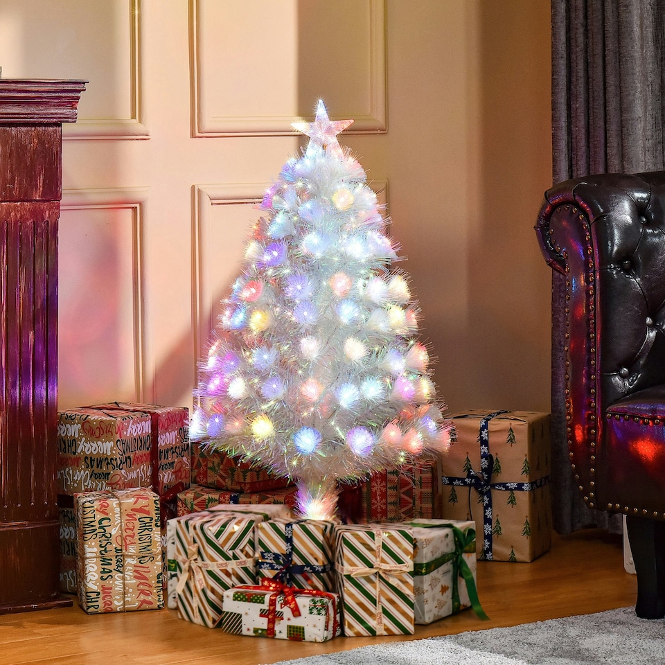 image 1 of HOMCOM 3FT Pre-Lit Artificial Christmas Tree w/ Fibre Optic Xmas -White