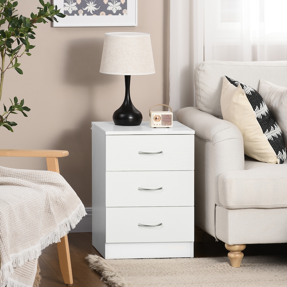 image 1 of HOMCOM Bedside Table with 3 Drawers, Modern Nightstand, Side Table with Wood Effect, Non Slip for Bedroom, White