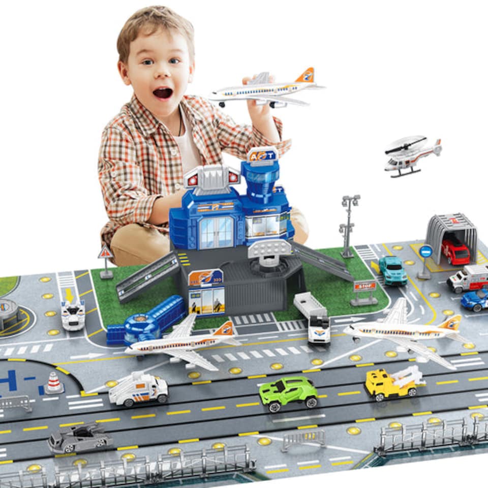 image 1 of Interactive Airport Play Set - Aircraft Tower, Vehicles & Large Battle Map for Kids Ages 3plus